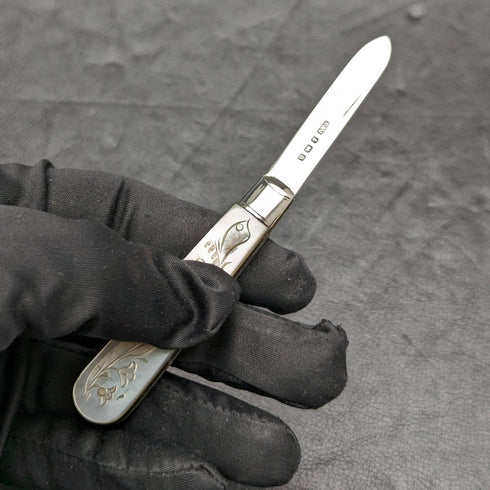 1926 British Vintage White Pearl Shell Handle Pure Silver Blade Folding Pen Knife